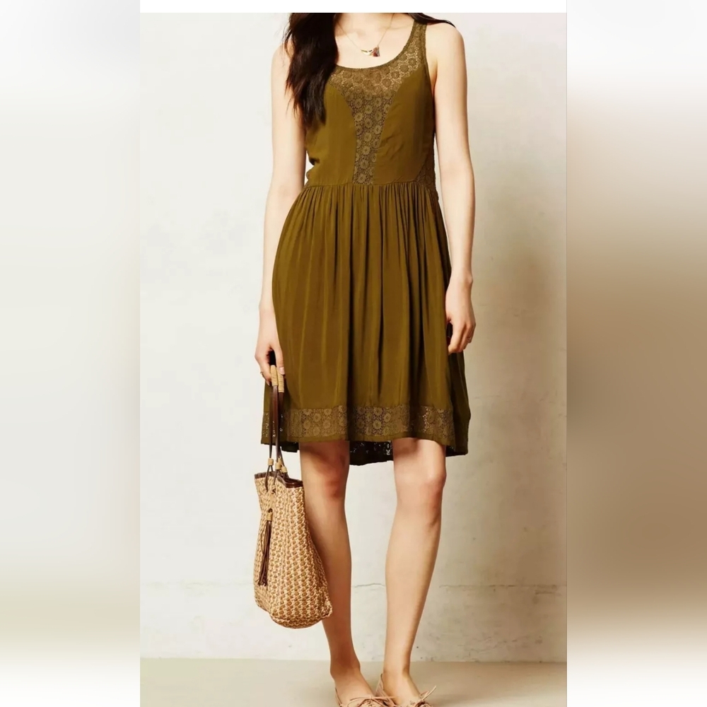 Anthropologie Olive Green Sleeveless Embroidered Sundress